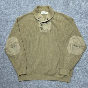 Orvis Sweater Mens XL Green Cotton Henley Collared Elbow Patches Pullover